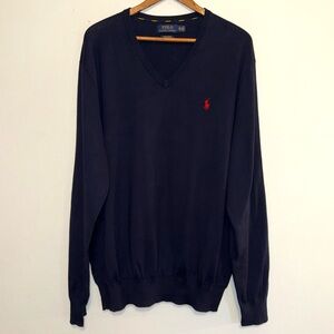 Polo Ralph Lauren Sweater Men's XL Navy Blue Tight Knit V Neck 100% Pima Cotton